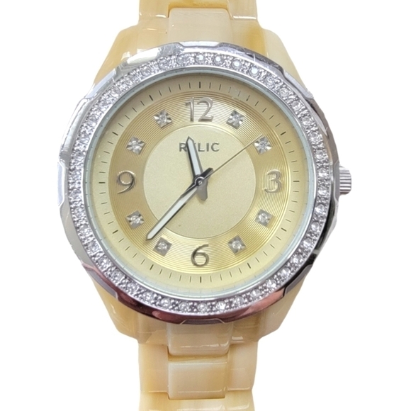 RELIC Bone Beige Band with Rhinestones around face and at Points Around Dial - Picture 1 of 7